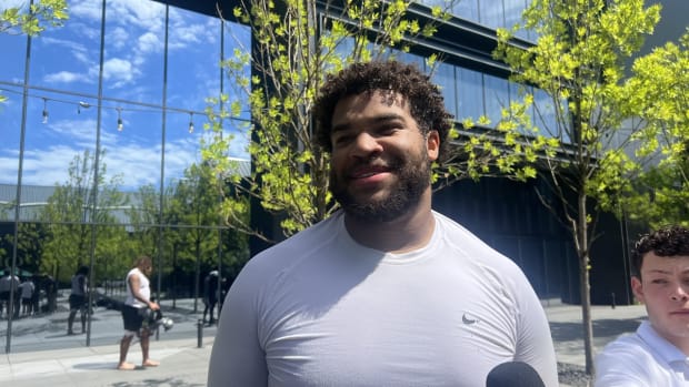 Nishad Strother speaks to media during an Oregon Duck Football Fall Camp media availability on August 20th