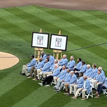 Former Twins general manager Terry Ryan speaks at a pregame ceremony in which he and Rick Stelmaszek were enshrined into the Twins Hall of Fame ahead of a game against the Cleveland Guardians on Saturday, Aug. 10, 2024, at Target Field in Minneapolis.