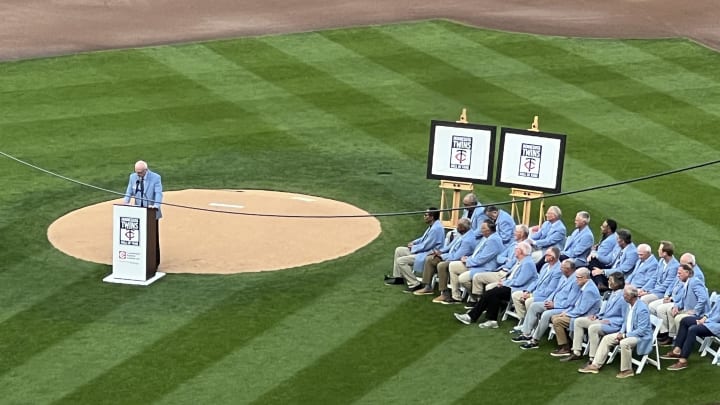 Former Twins general manager Terry Ryan speaks at a pregame ceremony in which he and Rick Stelmaszek were enshrined into the Twins Hall of Fame ahead of a game against the Cleveland Guardians on Saturday, Aug. 10, 2024, at Target Field in Minneapolis.