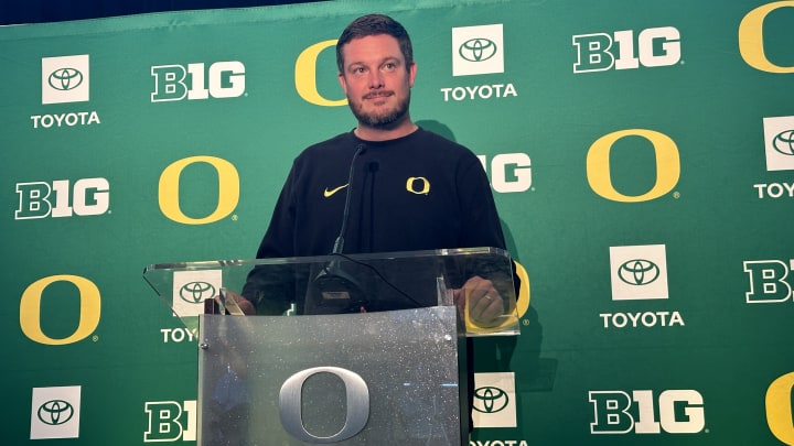 Oregon Ducks football coach Dan Lanning speaks at Oregon Football Media Day.