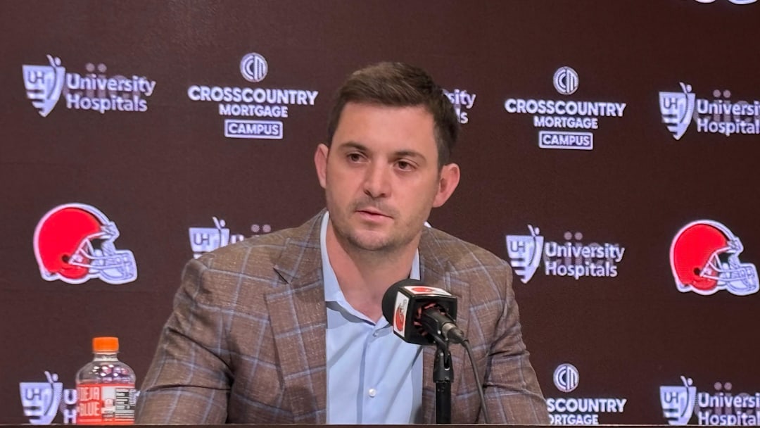 Tommy Rees speaks to reporters during his introductory news conference as Cleveland Browns offensive coordinator.