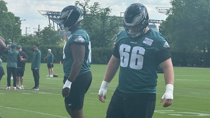 Eagles fifth-round draft pick Drew Kendall gets ready to practice during the team's rookie minicamp.