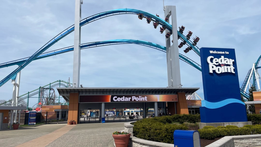 Roller coaster enthusiasts ride Cedar Point’s Gatekeeper before the total eclipse on April 8, 2024.