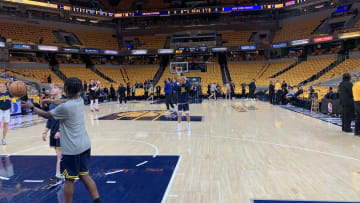 Indiana Pacers guard Andrew Nembhard warms up before the Pacers host the New York Knicks for Game 6 of the 2024 Eastern Conference Semifinals. (Mandatory Photo Credit: Pacers SI)