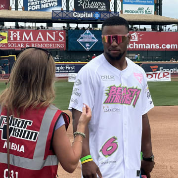 Saquon Barkley felt the love from Eagles fans at Coca-Cola Park during the third annual DeVonta Smith celebrity softball game on June 29, 2024.