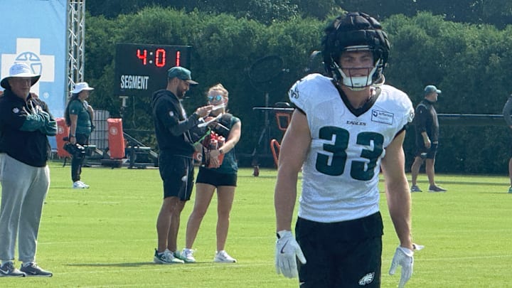 Cooper DeJean gets ready for a punt return drill during Day 6 of Eagles training camp.