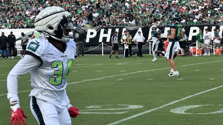 Eagles cornerback Isaiah Rodgers at the team's open practice at Lincoln Finacial Field on Aug. 1, 2024.