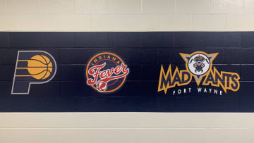 Indiana Pacers, Indiana Fever, and Fort Wayne Mad Ants team logos inside Gainbridge Fieldhouse (Mandatory Photo Credit: Tony East)