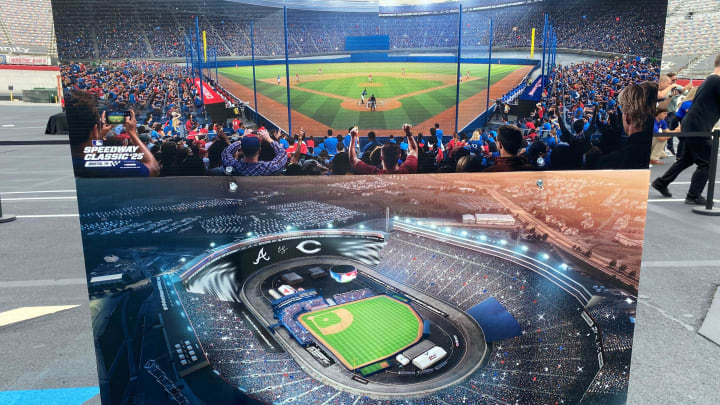 Renderings for the Major League Baseball game are displayed at Bristol Motor Speedway during a press conference announcing the event in Bristol, TN on Friday, Aug. 9, 2024. The Braves and Reds will play in 2025.