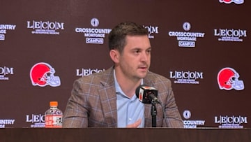 Tommy Rees speaks to reporters during his introductory news conference as Cleveland Browns offensive coordinator.