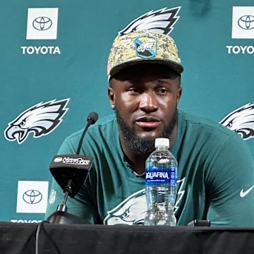 Eagles linebacker Devin White meets with reporters during the team's mandatory minicamp in the first week of June.