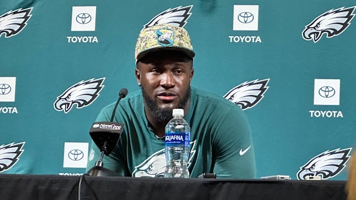 Eagles linebacker Devin White meets with reporters during the team's mandatory minicamp in the first week of June.