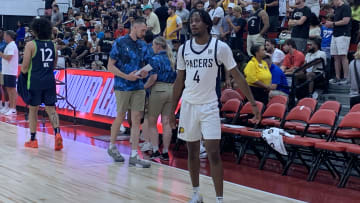 Indiana Pacers guard Tristen Newton warms up for the second half of a 2024 summer league game against the Minnesota Timberwolves. (Mandatory Photo Credit; Tony East)