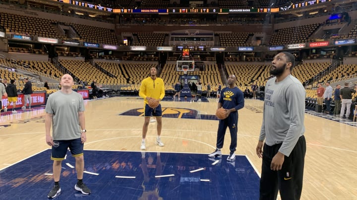 Indiana Pacers center Myles Turner warms up before the Pacers host the Milwaukee Bucks for Game 4 of their first-round series in 2024. (Mandatory Photo Credit: All Pacers)