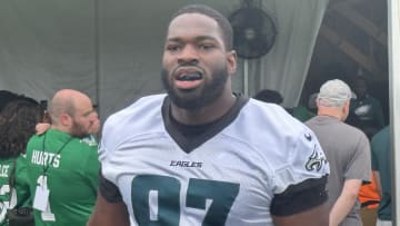 Eagles second-year defensive tackle Moro Ojomo takes the practice field for the Eagles' first practice of training camp on July 24, 2024.