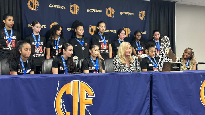 Harvard-Westlake girls basketball in the post-game press conference after winning 2024 CIF State Division II title.