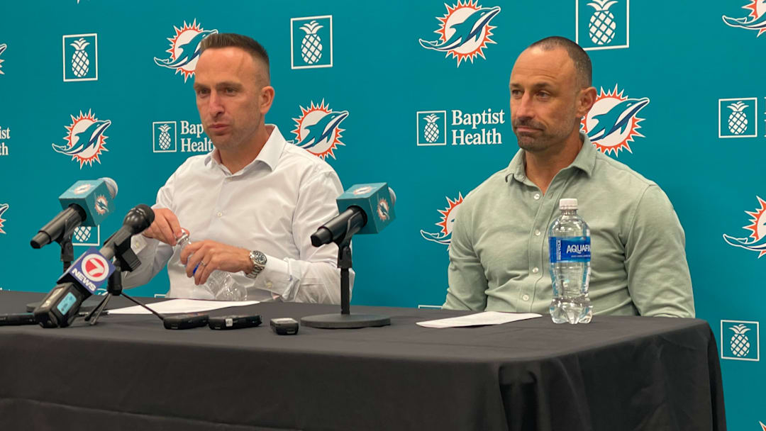New Dolphins GM Jon-Eric Sullivan (right) and new head coach Jeff Hafley discuss their first draft together with Miami