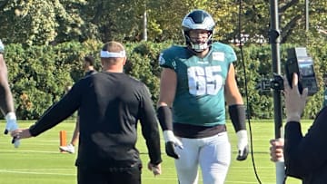 Eagles right tackle Lane Johnson goes through practice after clearing concussion protocol entering Week 6 of the 2024 season.