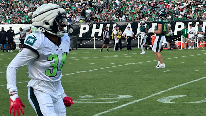 Eagles cornerback Isaiah Rodgers at the team's open practice at Lincoln Finacial Field on Aug. 1, 2024.