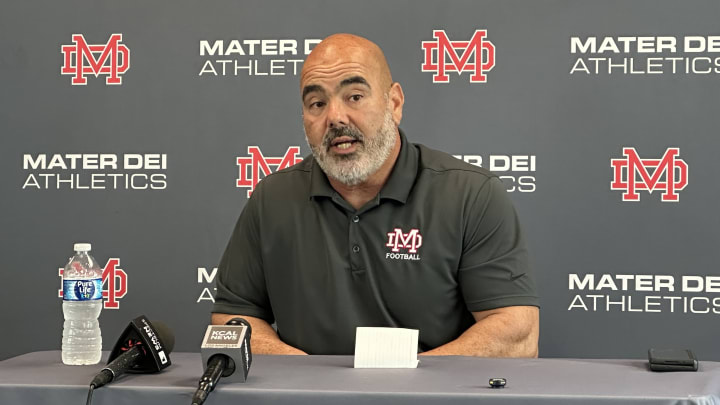 Mater Dei football new coach Raul Lara addresses the media for the first time on June 5, 2024 at Mater Dei High in Santa Ana.