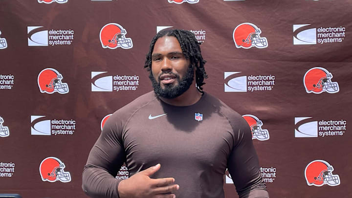 Browns defensive tackle Jowon Briggs addresses media before the first practice of rookie minicamp, Friday, May 10, 2024, in Berea. The Browns drafted Briggs in the seventh round out of the University of Cincinnati.