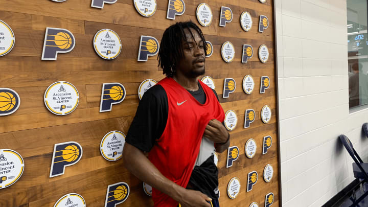 Connecticut guard Tristen Newton speaks to the media after a pre-draft workout with the Indiana Pacers on June 18, 2024. (Mandatory Photo Credit: Pacers On SI)