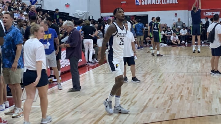 Indiana Pacers guard Quenton Jackson gets ready to play at halftime against the Minnesota Timberwolves in a 2024 summer league game. (Mandatory Photo Credit: Tony East)