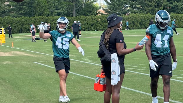 Eagles undrafted rookie WRS Taylor Morin (No. 45) and Darius Cooper (No. 41)