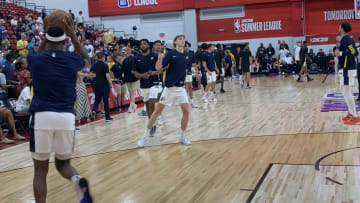 Indiana Pacers players warm up for the 2024 summer league game against the Brooklyn Nets. (Mandatory Photo Credit: Tony East)