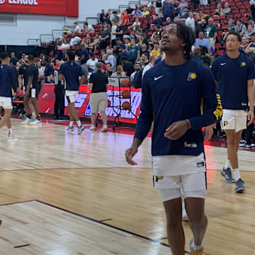 Indiana Pacers guard Tristen Newton warms up for a 2024 summer league game against the Brooklyn Nets. (Mandatory Photo Credit: Tony East)