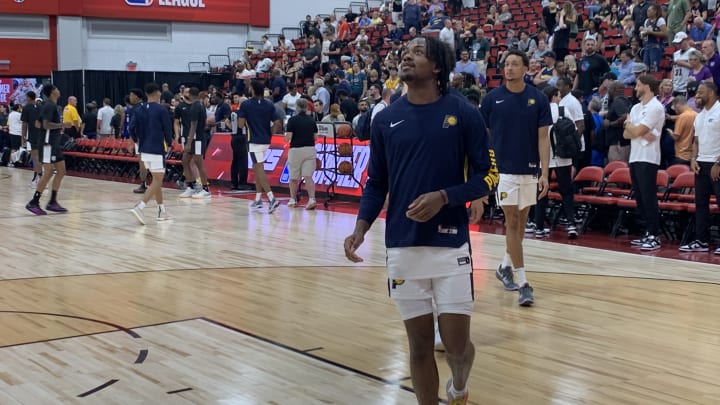 Indiana Pacers guard Tristen Newton warms up for a 2024 summer league game against the Brooklyn Nets. (Mandatory Photo Credit: Tony East)