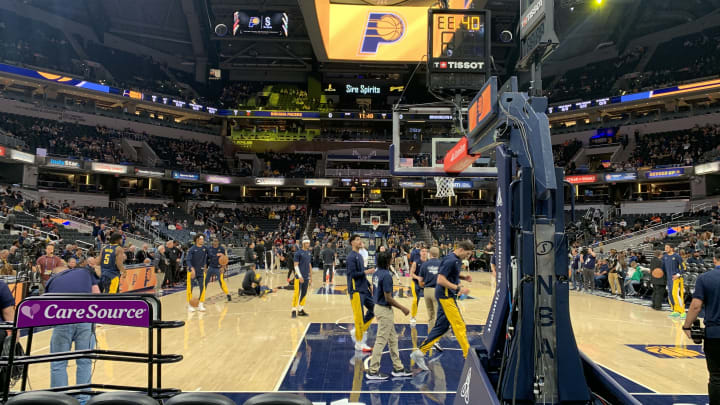 The Indiana Pacers warm up before taking on the Brooklyn Nets in Gainbridge Fieldhouse on April 1, 2024. (Mandatory Photo Credit: AllPacers)