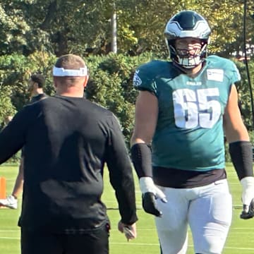 Eagles right tackle Lane Johnson goes through practice after clearing concussion protocol entering Week 6 of the 2024 season.