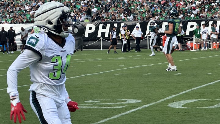 Eagles cornerback Isaiah Rodgers at the team's open practice at Lincoln Finacial Field on Aug. 1, 2024.