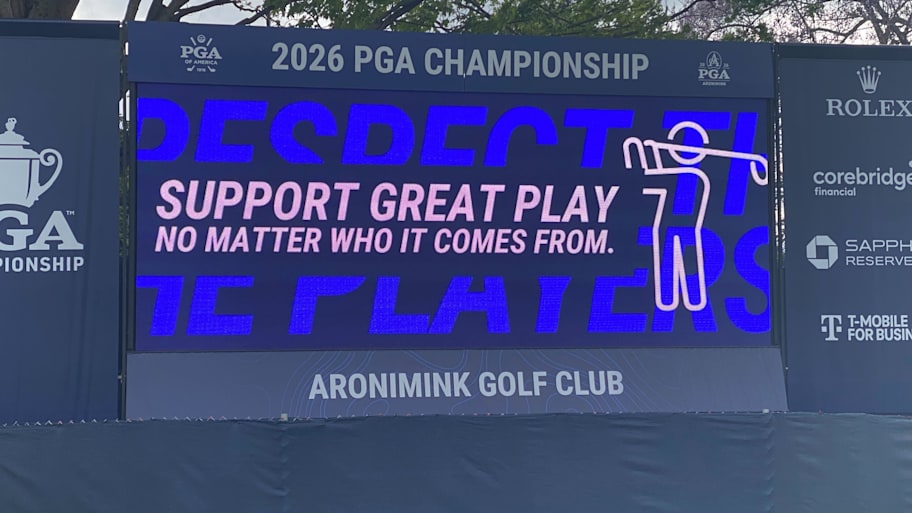A sign that reads “Support great play no matter who it comes from” at the PGA Championship.