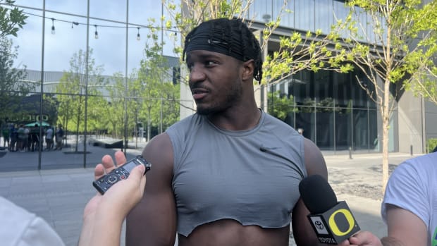 Oregon Linebacker Jeffery Bassa meets with the media following day seven of Oregon's fall camp