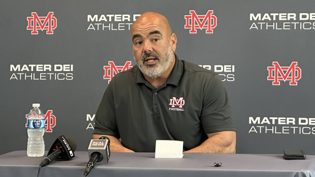 Mater Dei football new coach Raul Lara addresses the media for the first time on June 5, 2024 at Mater Dei High in Santa Ana.