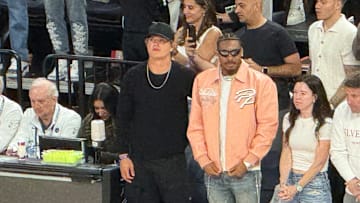 Minnesota Vikings quarterback J.J. McCarthy, left, and wide receiver Justin Jefferson attend Game 5 of a Western Conference semifinal between the Minnesota Timberwolves and Golden State Warriors on Wednesday, May 14, 2025, at Target Center in Minneapolis.