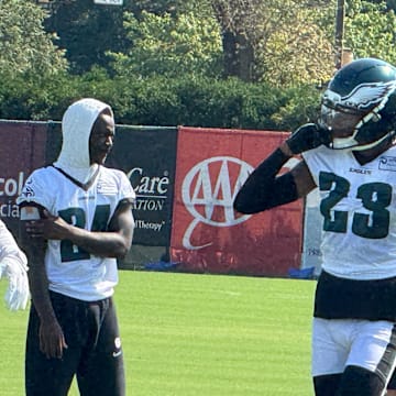 Eagles second-year cornerback Quinyon Mitchell works through a drill at training camp.