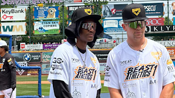 Eagles teammates DeVonta Smith and Cooper DeJean get ready for the home run contest at Smith's 5th annual Celebrity All-Star Game on June 28. 2025 in Allentown.