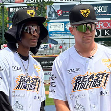 Eagles teammates DeVonta Smith and Cooper DeJean get ready for the home run contest at Smith's 5th annual Celebrity All-Star Game on June 28. 2025 in Allentown.