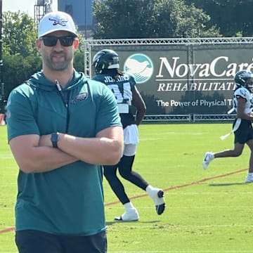 Eagles coach Nick Sirianni surveys practice. 