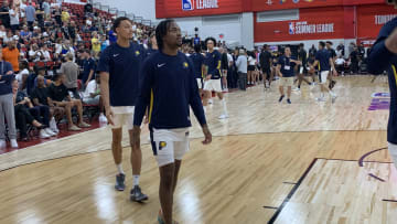 Indiana Pacers players, including guard Tristen Newton, warm up before a 2024 summer league game. (Mandatory Photo Credit: Tony East)