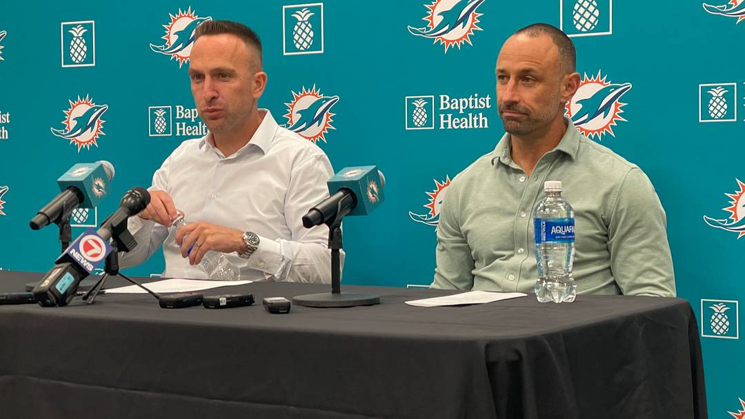 New Dolphins GM Jon-Eric Sullivan (right) and new head coach Jeff Hafley discusses their first draft together with Miami New Dolphins GM Jon-Eric Sullivan (right) and new head coach Jeff Hafley discusses their first draft together with Miami