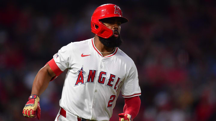 Jun 18, 2024; Anaheim, California, USA; Los Angeles Angels third base Luis Rengifo (2) runs after hitting a single against the Milwaukee Brewers during the sixth inning at Angel Stadium. Mandatory Credit: Gary A. Vasquez-USA TODAY Sports