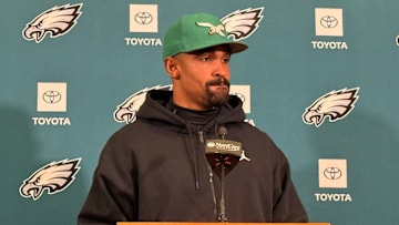 Jalen Hurts meets with reporters leading up to a Week 13 game against the Bears.