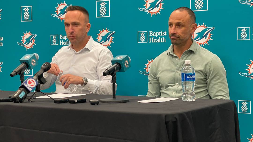 New Dolphins GM Jon-Eric Sullivan (right) and new head coach Jeff Hafley discusses their first draft together with Miami