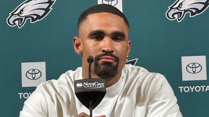 Jalen Hurts speaks to reporters after a minicamp practice on June 10, 2025.