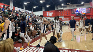Indiana Pacers players walk off the court before halftime of their summer league battle with the Minnesota Timberwolves on July 14, 2024. (Mandatory Photo Credit: Tony East)