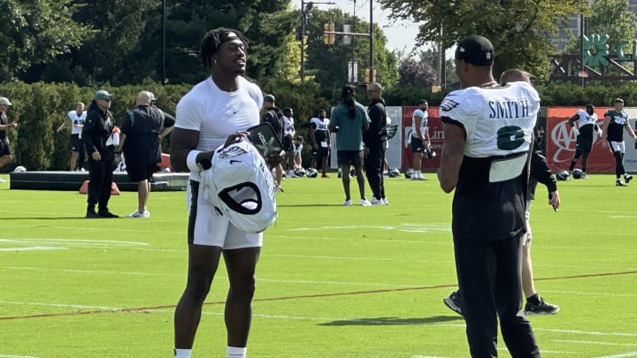 A.J. Brown and DeVonta Smith converse prior to Day 15 of Eagles training camp.